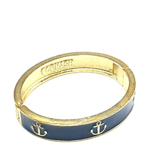 Fornash Hinged Bracelet Navy Blue Enamel & Gold Anchor Design - Picture 3 of 16